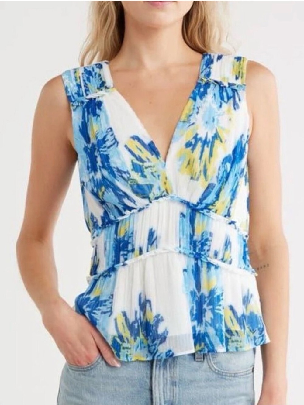 NEW Ramy Brook New York Milwe Abstract Floral Pleated Tank Top Sz L